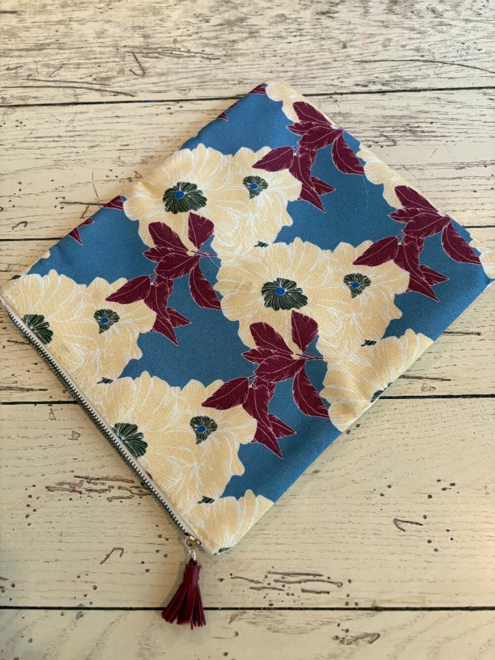Rachel Pally Floral Printed Canvas Leather Trim Clutch Bag Tassel Zipper